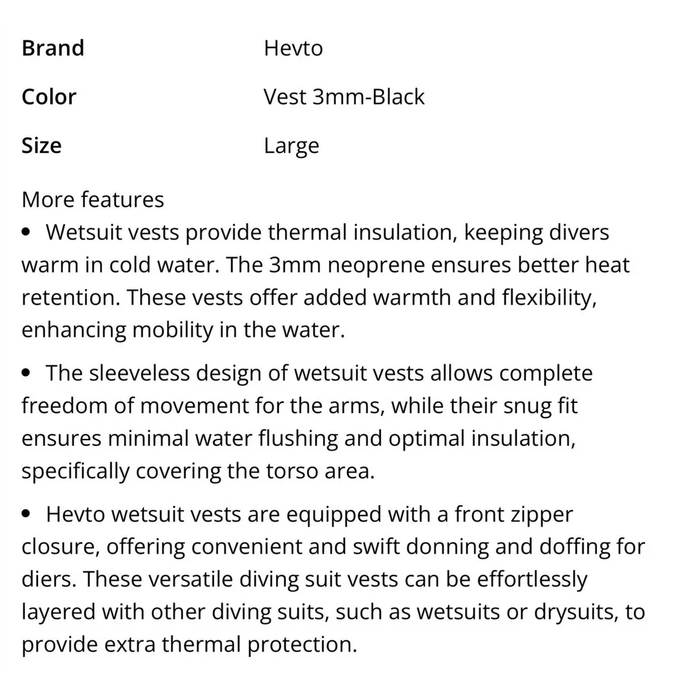 Hevto Wetsuit Vest‎ Mens Large Black New 3mm Neoprene Front Zip Sleeveless Top